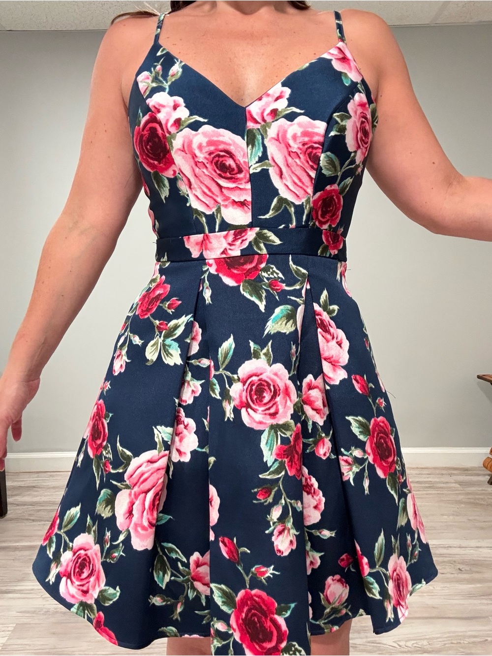 B. Smart Navy Mini Dress with Pink Rose Print